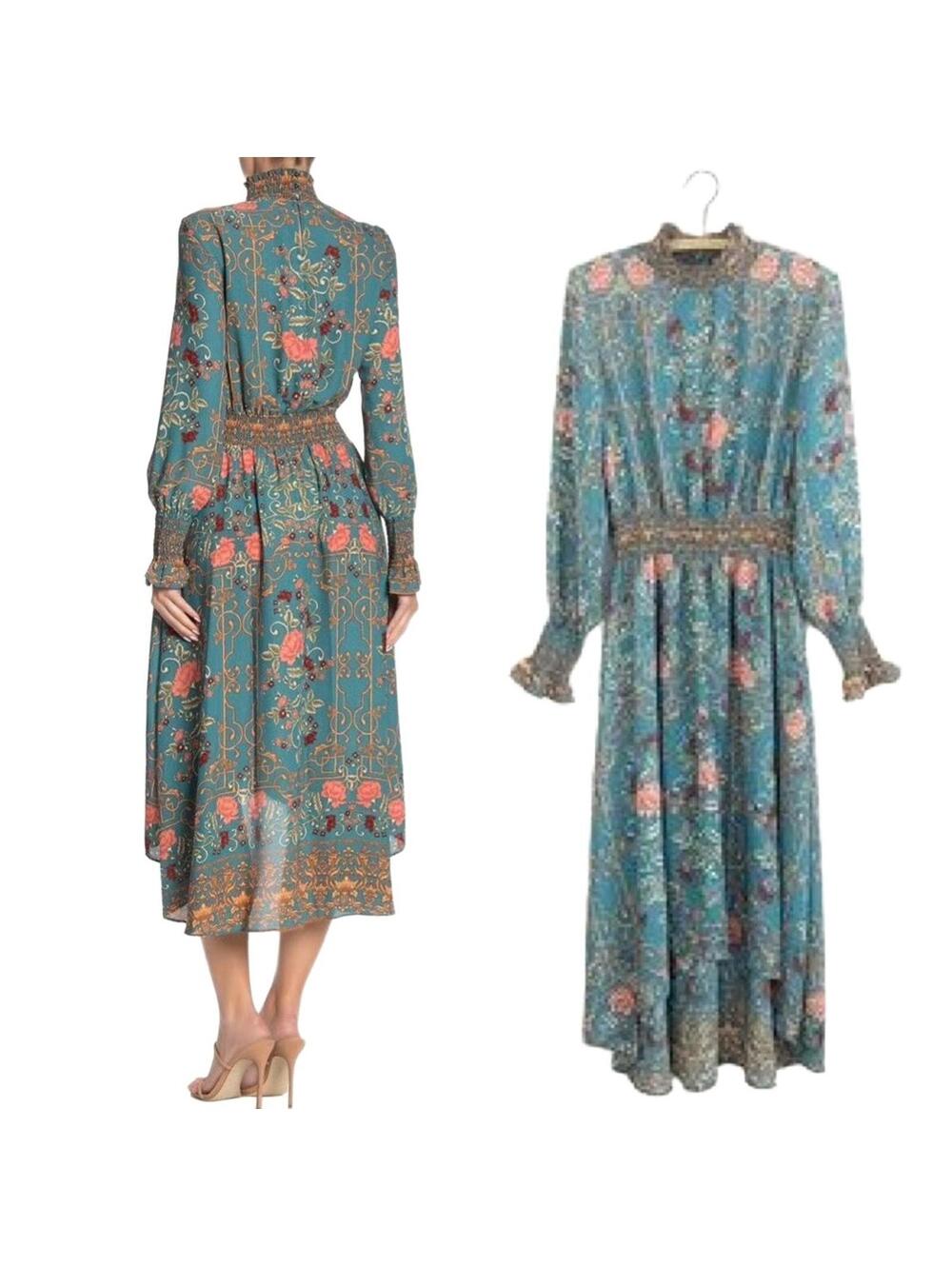 Nanette Lepore Midi Size 8 Teal Floral Print Ruffled Neck